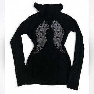 Y2K rhinestoned hooded angel wing long sleeve top